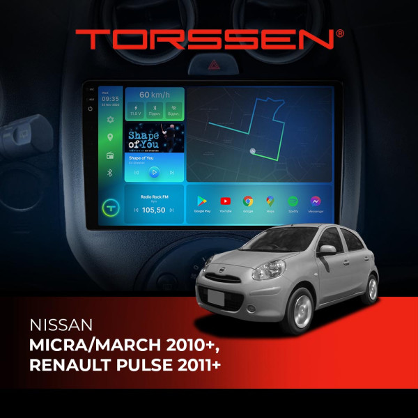 Штатная магнитола Torssen 2K Nissan Micra/March 2010+, Renault Pulse 2011+ FL9 4+64Gb 4G Carplay DSP