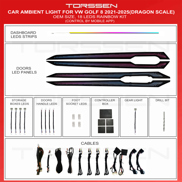 Подсветка салона Torssen VW Golf 8 2021-2025(Dragon scale)-18 Leds
